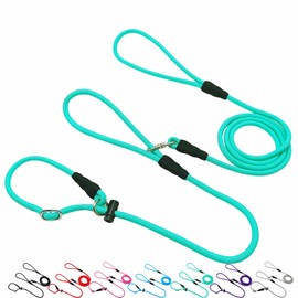 WYuZe Double Handle Slip Leads for Dogs, 1/4" 7 FT Adjustable No Tangle Rope Collar Leash, Puppy Training Lead to Stop Pulling, Turquoise