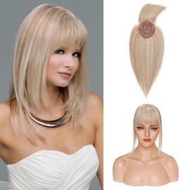 Hairro Hair Topper with Bangs for Women 100% Real Human Hair Silk Base Hair Piece Clip in Human Hair Toppers 6 inch Mixed Ash Blonde