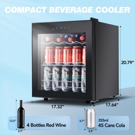 STAIGIS Beverage Refrigerator, 1.6 Cu.ft Mini Fridge w/ 45 Can Capacity, Small Beverage Cooler for Home - Freestanding, Glass Door