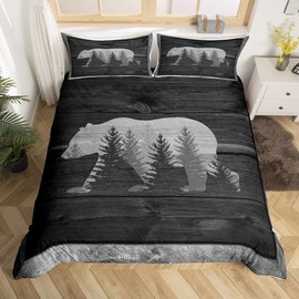 Castle Fairy Lodge Cabin Duvet Cover Gray Bear Pine Tree Silhouette Pattern Comforter Cover with 1 Pillowcase Wild Animal Western Jungle Style Bedding Set for Teens Adults Twin Size 2 Pieces
