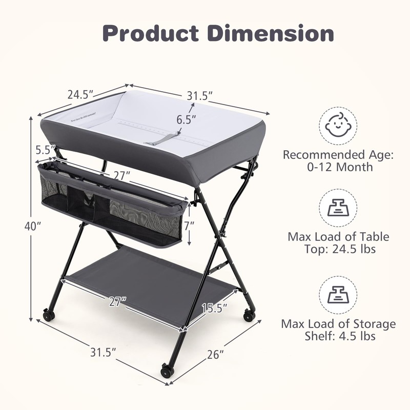 INFANS Baby Changing Table with Wheels, Portable Folding Diaper Station