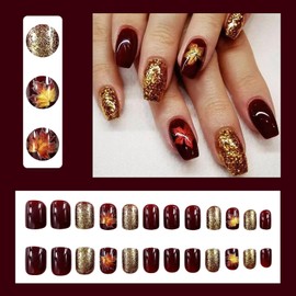 24Pcs Fall Press on Nails Short Square Fake Nails Wine Red and Gold Maple Leaf Glossy Gold Sparkly Acrylic Nails Full Cover Stick on Nails Autumn Thanksgiving Nail Decoration for Nail Art Supplies