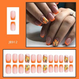 EYZOTSF Thanksgiving Press on Short Square Nails Acrylic Fall False Nails with Maple Leaf Designs Artificial Autumn Leaves Square Fake Nails Holiday Glue Stick ons Fingernails for Women(JB912)