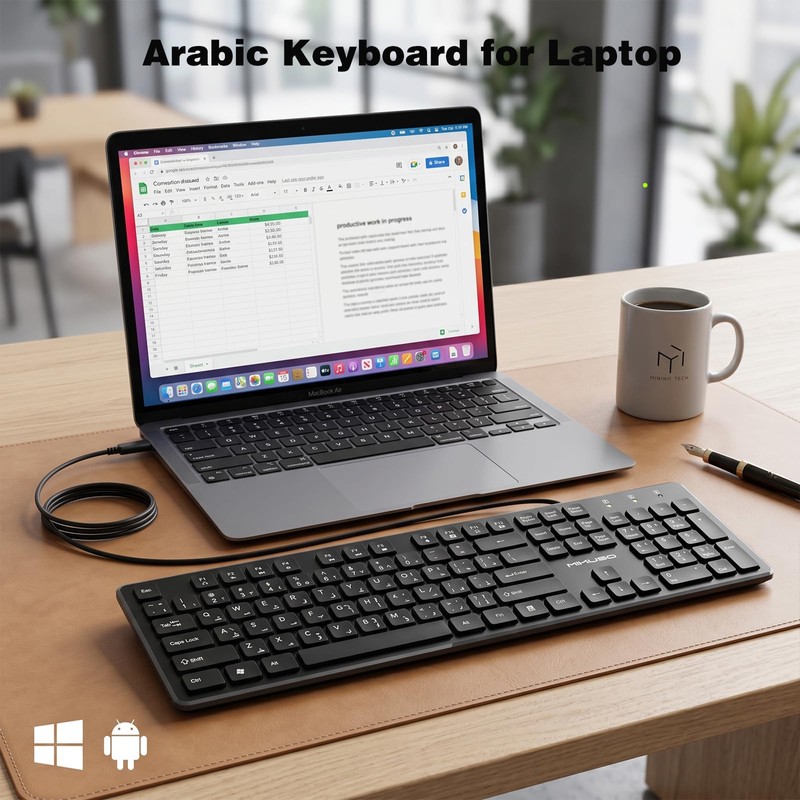 MIKUSO Arabic English Keyboard,Wired Keyboard Not Fading Bilingual Letters