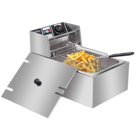 ZOKOP EH81 2500W MAX 110V 6.3QT6L Stainless Steel Single Cylinder Electric Fryer US Plug, ,Electric Deep Fryer Frying Basket, Stainless Steel,White