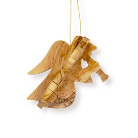 Angel with Trumpet, 3D Olive Wood Christmas Ornament from Israel, Wooden Hanging Seasonal Décor for Christmas Tree, Religious Holiday Decorations, Made in Holy Land of Bethlehem