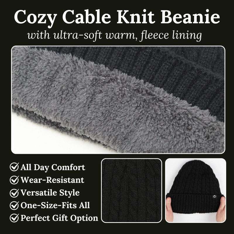 Funky Junque Cable Knit Fleece Lined Beanie - Black