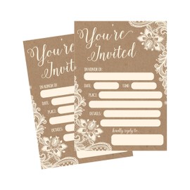 50 Fill In Invitations Burlap and Lace Kraft Wedding Invitations Bridal Shower Invitations Rehearsal Dinner Dinner Invites Baby Shower Invite Bachelorette Party Invites Engagement Graduation