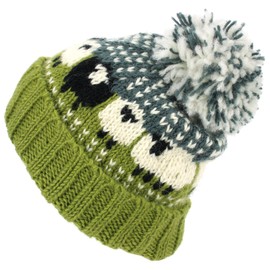 LOUDelephant Chunky Wool Knit Beanie Bobble Hat with Sheep Design - Green