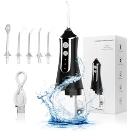Irrigador Bucal,Hilo Dental de Agua Inalámbrico，3 modos y 5 boquillas, tanque de agua extraíble de 300 ml, recargable por USBirrigador dental, AdecuadoEncías,para Hogar,Viajes (Negro)