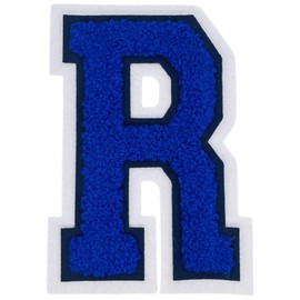 2Pcs 5.0" Blue Chenille Letter Patches, Iron On Embroidered Alphabet Patches for Clothing, Jeans, Jackets, Backpacks, Hats- Varsity Letters with White Border (Letter R)