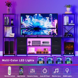 Yenlure LED TV Stand 60 Inch for Living Room with Charging Station, Farmhouse Entertainment Center with 2 Industrial Bookshelves, Modern Console Cabinet with Storage Drawers (Black)