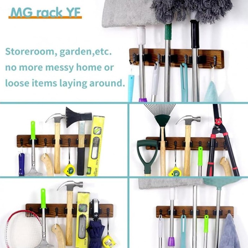 Mop Broom Holder Wall Mount, Wood Broom Mop Hanger, Wall