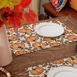 ARKENY Fall Placemats 12x18 Inches Set of 4, Pumpkin Eucalyptus Leaf Orange Autumn Seasonal Farmhouse Burlap Indoor Outdoor Table Mats Decorations for Home Party AP635-4