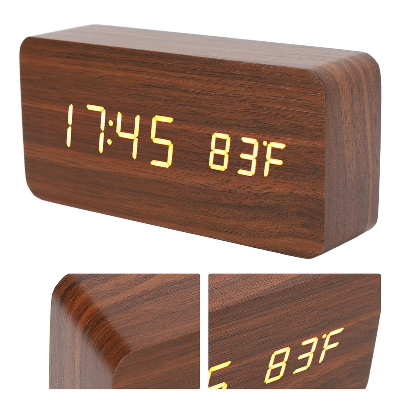 LED Wood Digital Alarm Clock 3 Level Brightness Electronic Clock