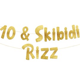10 & Skibidi Rizz Gold Glitter Banner - 10th Birthday Party Supplies, Ideas, Gifts and Decorations