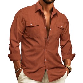 Barry.Wang Mens Corduroy Jacket Shirts Orange Cowboy Lightweight Wrangler Western Casual Long Sleeve 2 Flap Pockets