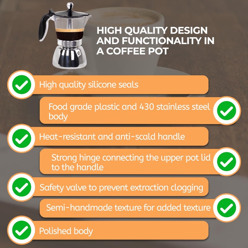 Clear Plastic Moka Pot 6 Cup 300ml Stainless Steel Coffee