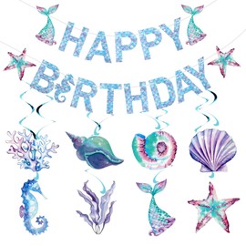 Happy Birthday Banner,Mermaid Party Theme Decorations Sets with Banner Hanging Swirls Silk Ribbon,Happy Birthday Sign for Girls Women Kids Birthday Decor Backdrop