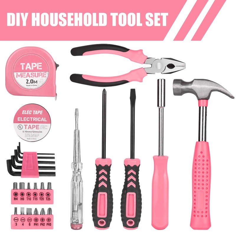XTDMJ 24 Pieces Pink Tool Set, Household DIY Tool Set,
