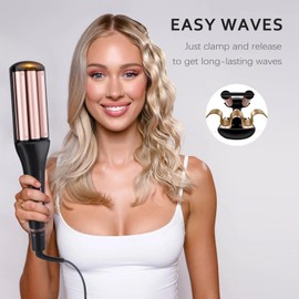 Hair Crimper for Women Beach Waves, Deep Waver Hair Tool for Long Hair, 3 Ceramic Barrel Curling Iron, Adjustable Depths and Temperatures, Dual Voltage