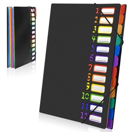 Gemtte Expanding File A4, Folder System with 12 Compartments, 24 Pockets, Document Folder, Colourful Waterproof Organiser for School, Office Supplies (Black)