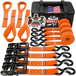 Vehiclex Motorcycle Ratchet Tie Down Straps with Soft Loops - 4PK Heavy Duty 1.5" x 8ft Kit, 4,400 lb Breaking Strength for Powersports, Orange