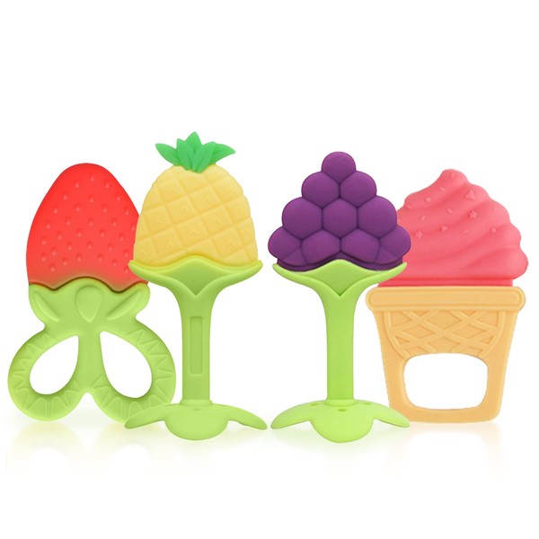 SLGOL Fruit Teething Toys for Babies 4 Pack, BPA Free Silicone Teethers for 3 Month+ Little Boy & Girl Cute Infant and Shower Gifts