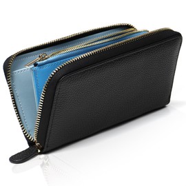 LASIEM Women's Long Wallet, Small, Compact, Black x Ice Blue