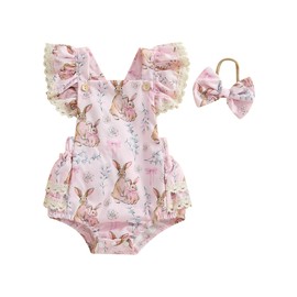 ZZLBUF Baby Girl First Easter Outfits Bunny Floral Ruffle Sleeveless Romper Bodysuit Jumpsuit Newborn Infant Summer Clothes (03- Rabbit Floral Pink, 3-6 Months)