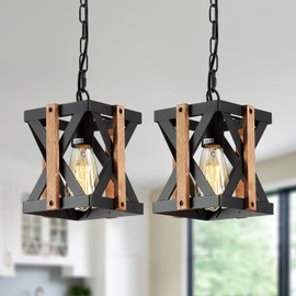 Qgiytp 2 Pack Farmhouse Pendant Light Black Metal and Wood Cage Hanging Light Fixture 39 Inch Adjustable Chains Rustic Pendant Lighting Fixture for Kitchen Island Dining Room Bedroom Entryway Hall