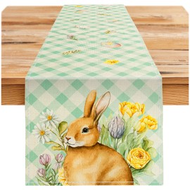 Prims & Flourish Easter Table Runner, 13 x 71 Inches, Easter Table Decor, Spring Decorations, Mint Green Garden Serenity Bunny