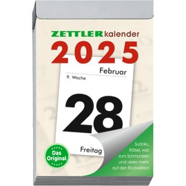Zettler - Daily tear-off calendar 2025 L, 6.6 x 9.9 cm, tear-off calendar with Sudokus, recipes and puzzles, sun and moon times, name days, with suspension and German calendar