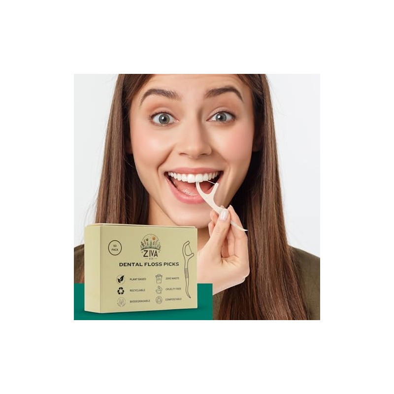 Ziva Eco Biodegradable Dental Floss Picks, 200 Count, PLA Corn