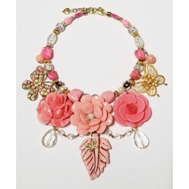 Pink Flowers Pearls Butterflies Gemstone Necklace Earrings Bracelet One of a Kind