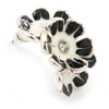 C-Shape White/Black Enamel 'Floral' Stud Earrings In Silver Tone -