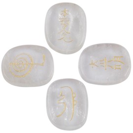 Rockcloud Healing Crystal Rock Quartz 4pcs Engraved Chakra Stones Palm Stone Reiki Balancing