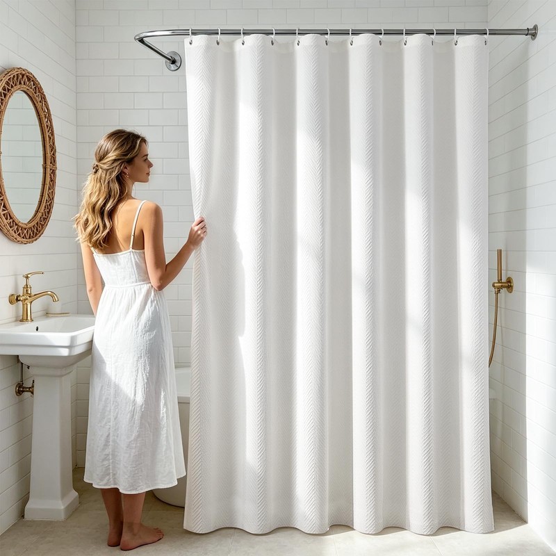Mould Resistant White Shower Curtains with Hooks, Heavy Duty Polyester