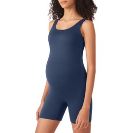 POSHDIVAH Women's Maternity Bodysuit Pregnancy Shapewear Double Lined Sleeveless Tank Top Shorts Romper Jumpsuit, Navy Blue, Large