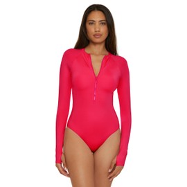 Trina Turk Women's Paddle One Piece Swimsuit, Rash Guard, UV Protection, Zip Front, Long Sleeve, Bathing Suits for Women, Geranium, Large