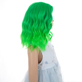 Green Wig for Kids - Short Wavy Synthetic Fiber Wig, Ombre Green, Shoulder Length, Cosplay Party Costume, Side Part