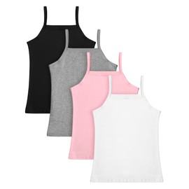 SATINIOR 4 Pieces Girls Dance Tank Top Sleeveless Spaghetti Strap Crop Tank Top for Dancewear (Black, Light Grey, Light Pink, White,9-10 Years)