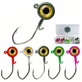 FINNECT Jig Heads, Set of 20, 3D Eye, 5 Colors, For Saltwater and Freshwater Fishing, Bass with Storage Case, 1/16 oz, 0.06 oz (1.75 g)