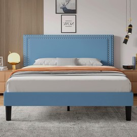 VECELO Queen Size Bed Frame with Height Adjustable Upholstered Headboard, Modern Platform Mattress Foundation, Strong Wood Slat Support, No Box Spring Needed, Easy Assembly