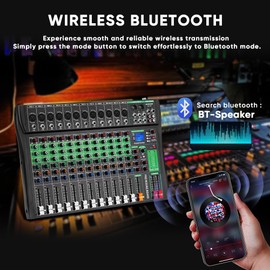 MIZISNR 12 Channel Audio Mixer, Professional DJ Mixer Board Sound Music Mixing Console Digital Mixer with Reverb, Bluetooth, USB Port, 48V Phantom Power for Recording Karaoke Podcasting