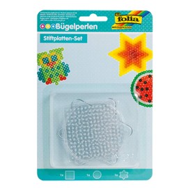folia folia 73211 - Bügelperlen Stiftplatten Mix, BASIC SMALL, 3 Motive sortiert, 3 transparente Steckplatten für Bügelperlen mit einem Durchmesser von 5 mm, Kreis, Quadrat und Stern