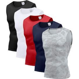 Holure Men's 5 Pack Compression Tank Tops Athletic Muscle Tee Fitness Bodybuilding Sleeveless T-Shirt Black/Camo Grey/White/Navy/Red M