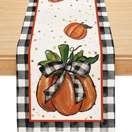 Siilues - Camino de mesa de otoño, decoraciones de otoño para el hogar, camino de calabaza para mesa, diseño de búfalo a cuadros, decoración de día festivo para interiores y exteriores, decoración de