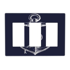 Anchor Vintage Rustic Ocean Nautical Style Navy Blue White 3 Gang Decorator/GFCI Outlet Light Switch Cover Plate Indigo Beach Summer Triple Rocker Device Switch Face Wall plate Screwless
