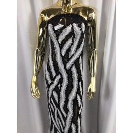 NEW CREATIONS FABRIC AND FOAM INC BLACK-WHITE FEATHER DESIGN EMBROIDER WITH SEQUINS ON A 4 WAY STRETCH POWER MESH.